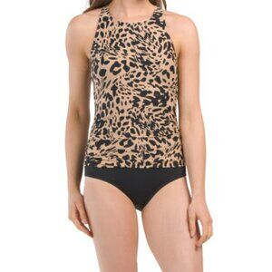 Jantzen Gracie High neck Black Tan Animal Print Swimwear one piece ruched 10 NEW